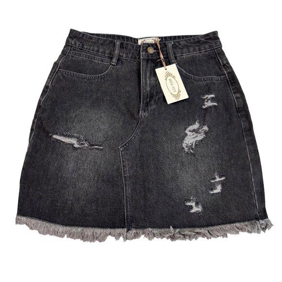 Joyfolie Miajoy Abilene Washed Black Denim Mini Skirt With Distressed size 27 - Picture 1 of 13